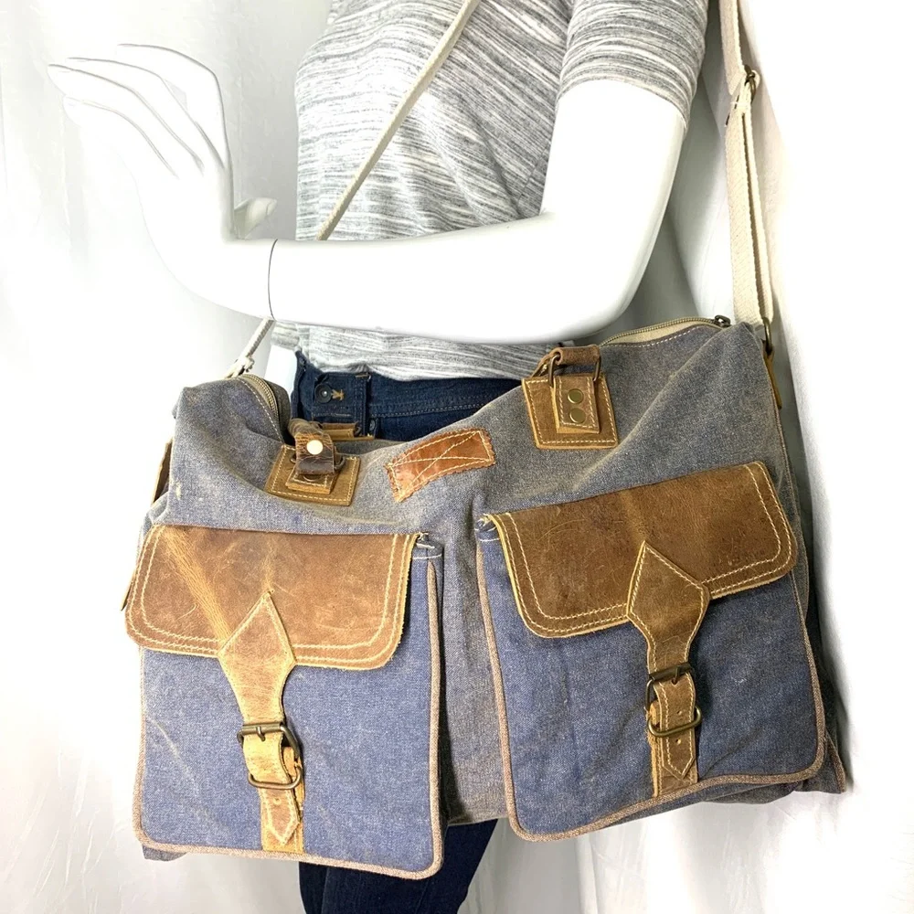 The Barrel Shack Owen Blue Canvas Large Messenger Bag Brown Leather Trim